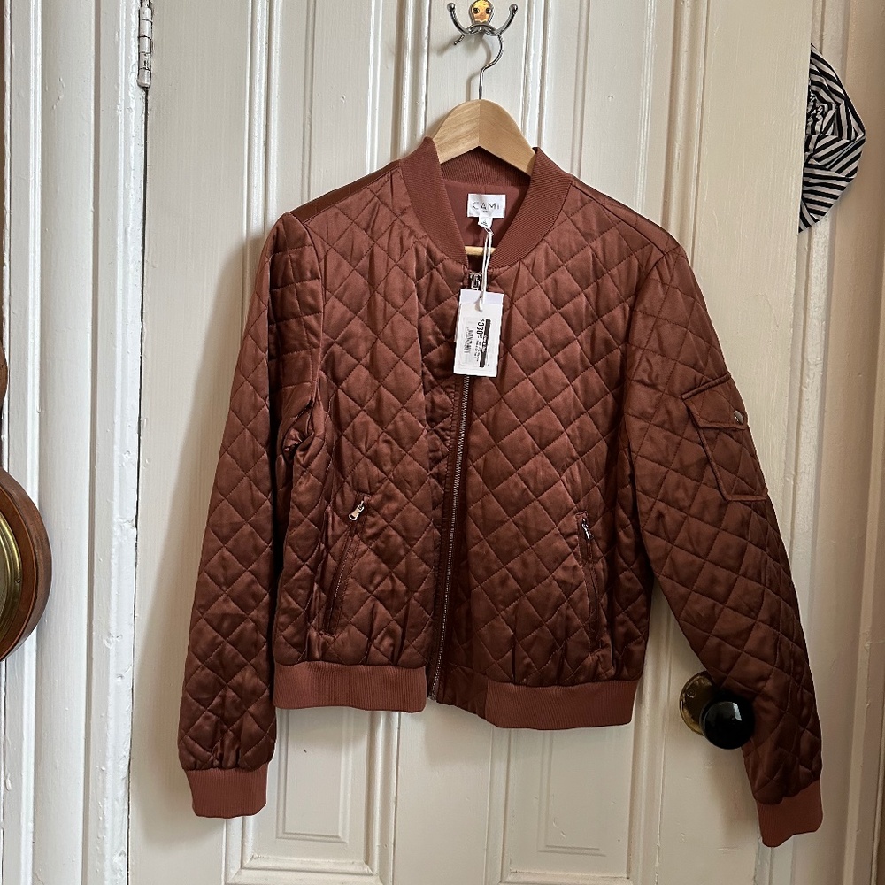 NWT Cami NYC Dierdre Brown Silk Quilted Bomber Jacket - Size Large